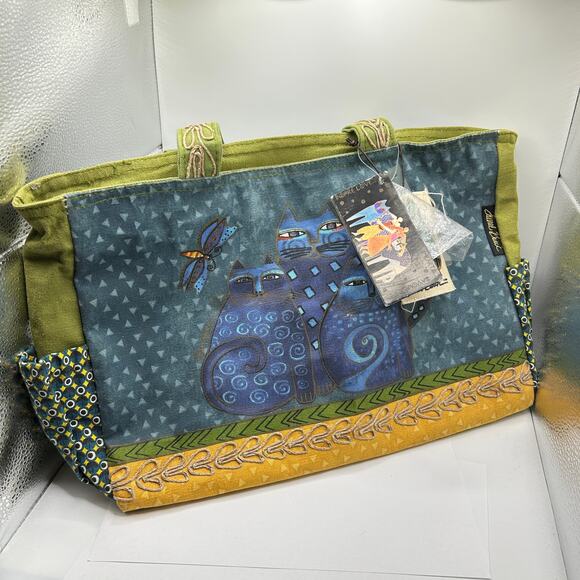 Laurel Burch Large Zipper Double Handle Tote Bag Some Discoloring Blue Cat Trio - Picture 1 of 16